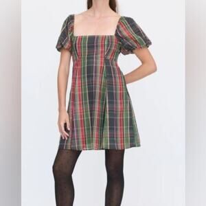 Hill House Matilda Mini Dress Tartan Lame Plaid Puff Sleeve Metallic M NWT